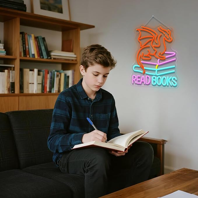 Book Dragon Neon Sign Library Dragon Decor Cool Kids Read Books Reading Corner for Kids Neon Signs for Wall Decor LED Light Library Classroom Book Club Christmas Gift for Teens