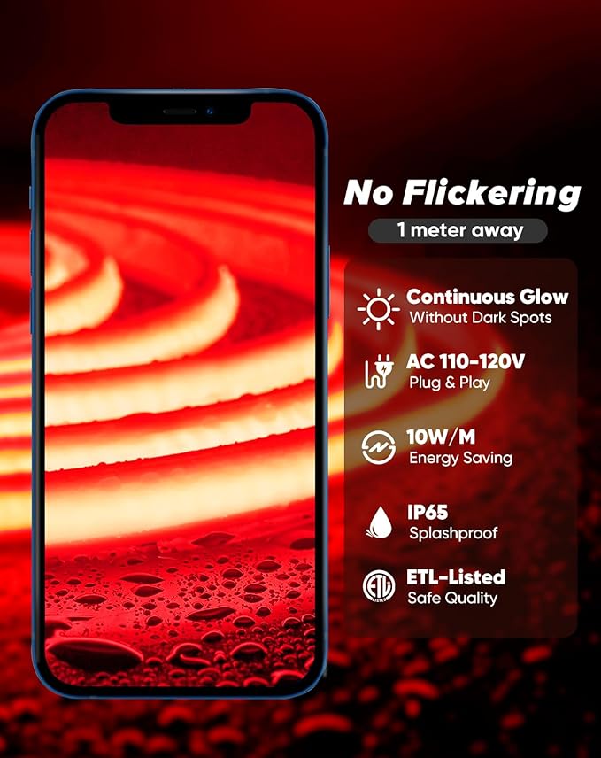 Shine Decor COB LED Rope Light AC 120V, 800lm Ultra Bright, IP65 Waterproof Cold-Resistant ETL Neon Strip, No Driver Tape Lighting for Home Commercial 10x4.5mm, Red, 32.8ft