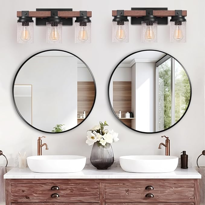 3-Light Farmhouse Vanity Lights Bathroom Lighting Fixtures Over Mirror | Faux Wood Rustic Wall Mount Light with Clear Seeded Glass Shade,Industrial Black Metal Wall Sconces for Bathroom Living Room