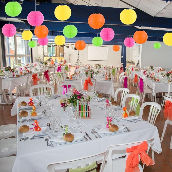 Paper Lanterns Party Decorations, Hanging Round Chinese Lanterns for Glow in The Dark Party Neon Birthday Decorations Pack of 20 Colorful