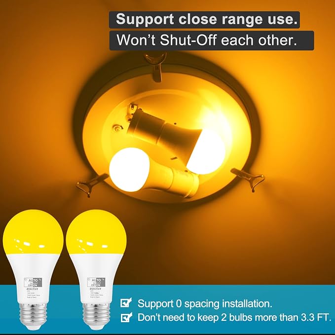 Qualilux Dusk to Dawn A19 LED Bug Light Bulbs Outdoor, 1900K Amber Yellow, 600 Lumen, LED 9.5W, E26, 2-Pack, HQ-H017