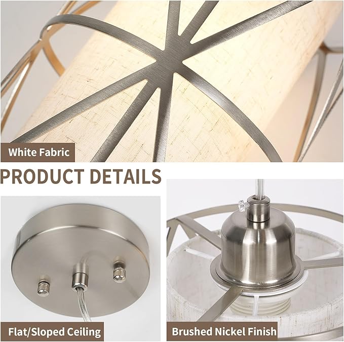 7"×10" Modern Pendant Lights Kitchen Island - Adjustable Height Brushed Nickel Kitchen Pendant Lights with Linen Shade, UL Certified Pendant Lighting for Dining Room, Entryway