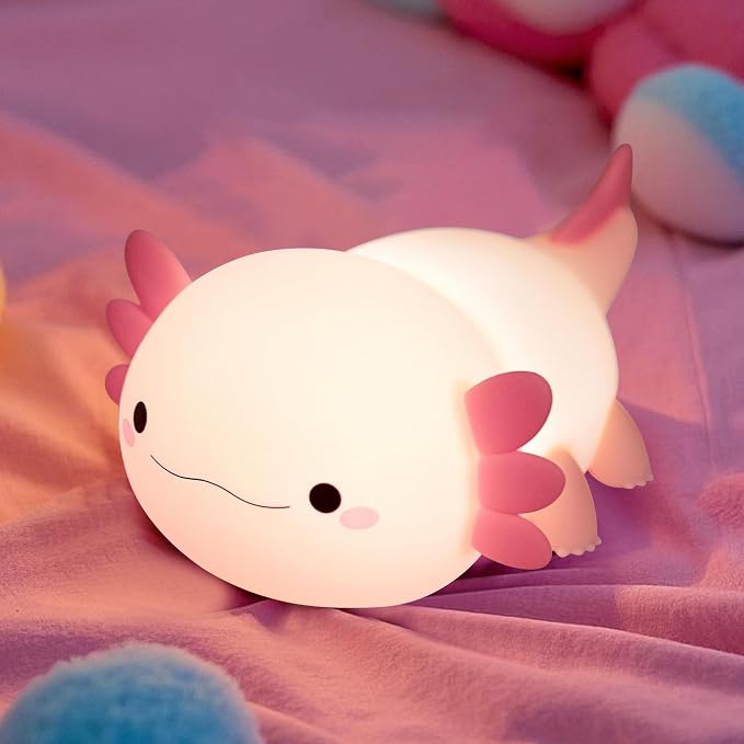 FAMIDUO Pink Axolotl Lamp, Food-Grade Silicone Squishy Night Light for Kids | 2-Level Touch Dimmable ,20-Min Auto-off Timer, Rechargeable Anti-Blue Warm Glow Nursery Bedside Decor, Cute Gifts for Girls