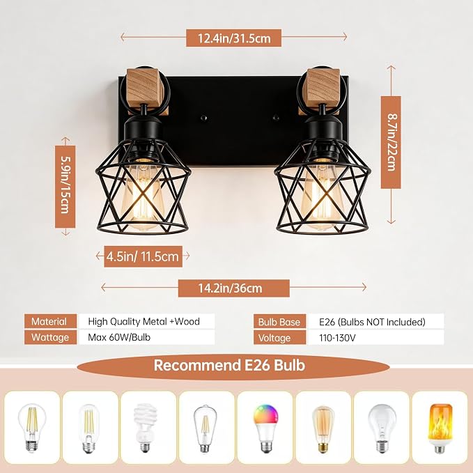 2-Light Farmhouse Vanity Light Fixture, Wood Bathroom Light Fixtures Over Mirror, Industrial Black Vanity Light with Metal Lampshade for Bedroom Hallway Living Room