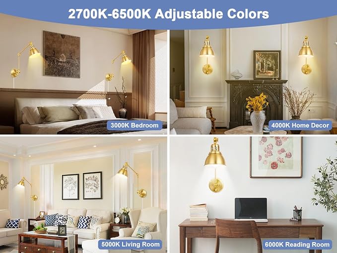 2 Pack Plug in Wall Sconces with Remote, Dimmable, Adjustable Colors, Swing Arm Wall Lamps, Wall Sconces Set of Two with Timer & Night Light, Plug-in or Hardwired (Gold, with Bulbs+Remote)
