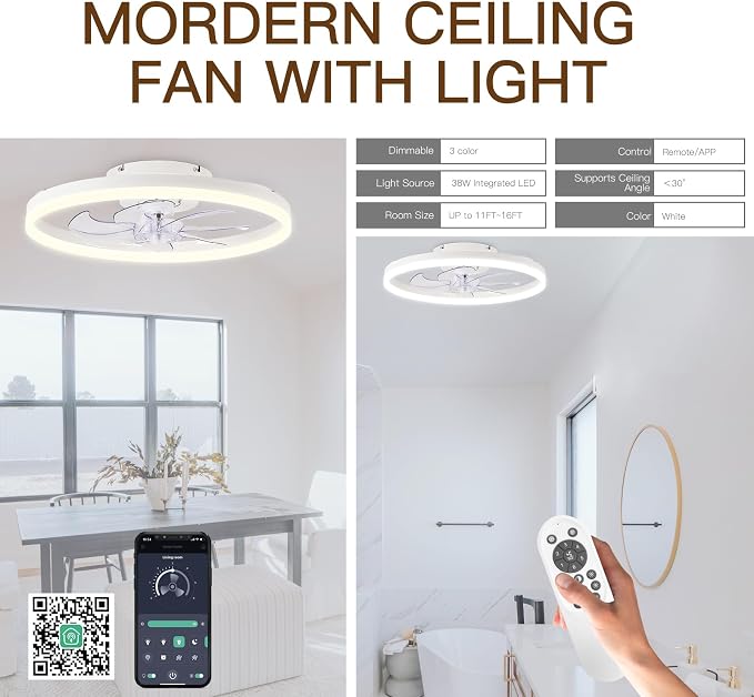Ceiling Fans with Lights,20" Low Profile Ceiling Fan with Remote Control, Modern Flush Mount Ceiling Fan,White Fan Light for Bedroom, Living Room,Kitchen,Small LED Ceiling Light Fixture