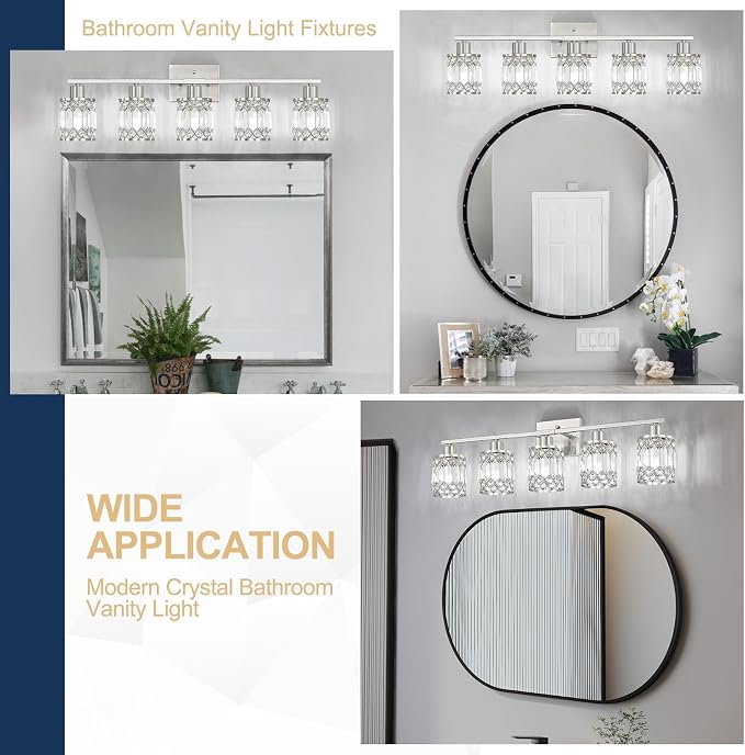 Crystal Modern Bathroom Light Fixtures, 5-Light Brushed Nickel Bathroom Vanity Wall Light, Vanity Lights for Mirror, Restroom, Bedroom (E26 Socket, Bulbs Not Included)