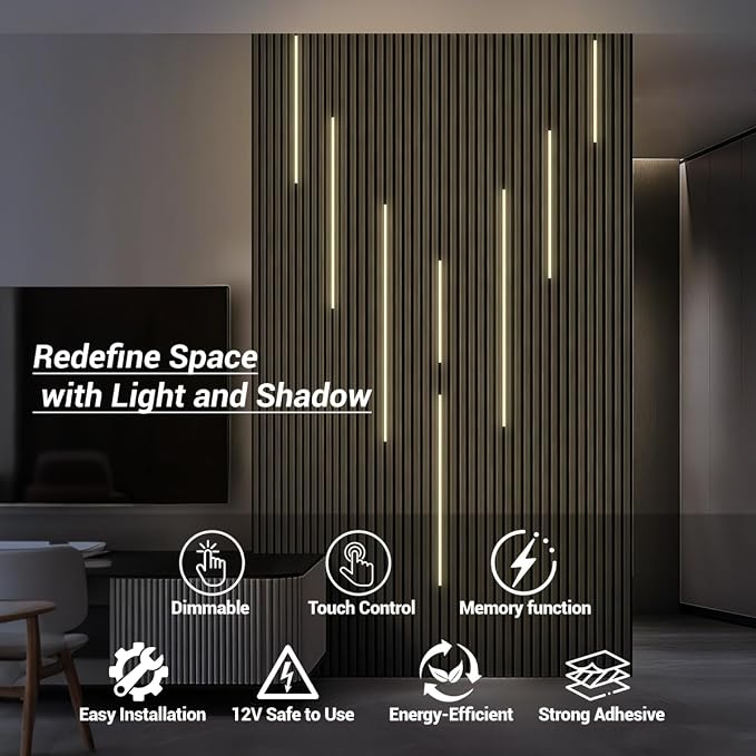 HAMRVL Black LED Recessed Lighting Kit - 8 PCS 3000K Warm White LED Strip Lights with Touch Control, Dimmable Self-Adhesive Wall Panel Lights for Wood Slat Wall Panels, Under Cabinet (Black Cover)