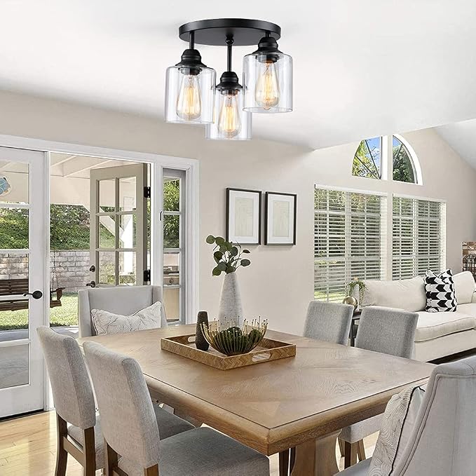 3-Lights Industrial Semi Flush Mount Ceiling Light, Vintage Light Fixture with Clear Seeded Glass Shade