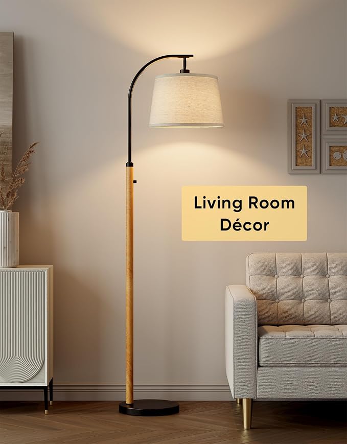 Dimmable Floor Lamp for Living Room, 65" Tall Metal Standing Lamp with LED Bulb, Mid Century Modern Arc Floor Lamp with Linen Shade for Bedroom, Reading Room, Office & Nursery, Black&Natural Color
