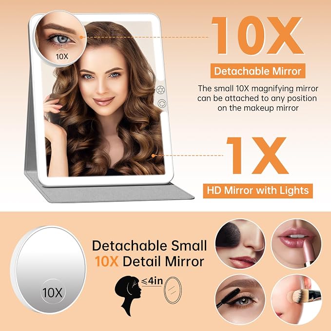 FUNTOUCH 2500mAh Large Rechargeable Travel Makeup Mirror with Light (White) | Portable Makeup Mirror with 10X Magnifying Mirror, 3 Lighting Modes, Tabletop Folding Travel Mirror with PU Leather Cover
