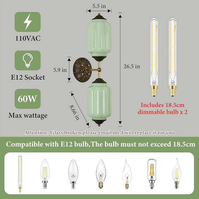 Vintage Green Milk Glass Bathroom Vanity Light - 25" Dimmable Wall Sconce | Mid Century,Vertical or Horizontal Mounted,Antique Brass Gold Lighting Fixture for Bedroom Hallway Decor,E12 Bulb×2 Included
