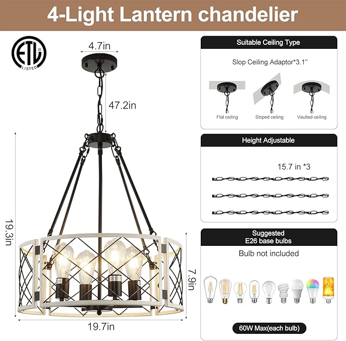 20'' Farmhouse Chandelier, 4-Light Black & Vintage White Dining Room Light Fixture Over Table, Rustic Industrial Drum Hanging Pendant Lights for Kitchen Island Living Room Bedroom Hallway Entryway