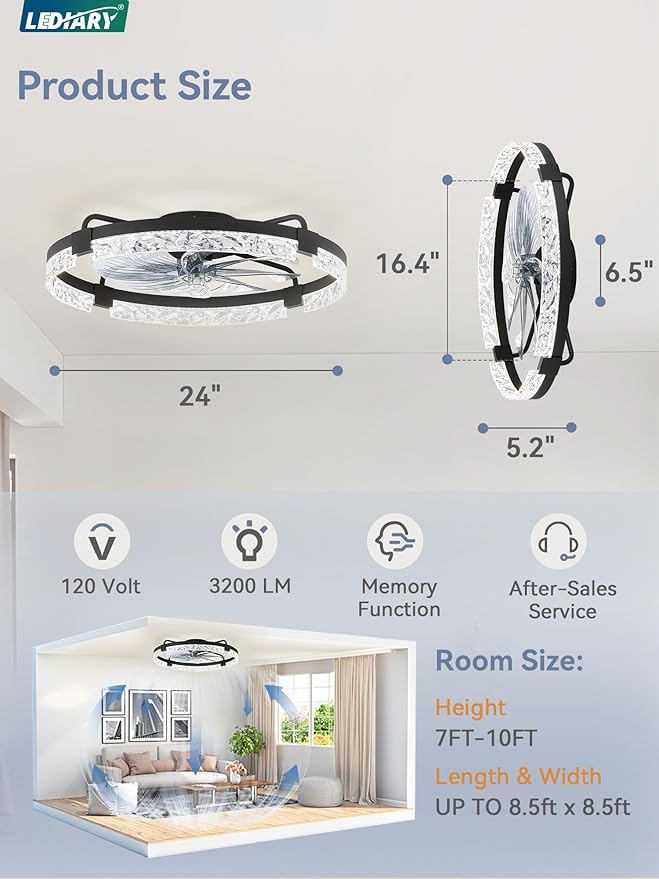 LEDIARY 2 Pack 24 Inch Low Profile Ceiling Fans with Lights and Remote, Fandelier Modern Ceiling Fan, 3000K-6000K Dimmable LED Fan Light, Black Flush Mount Ceiling Fans with Lights for Bedroom