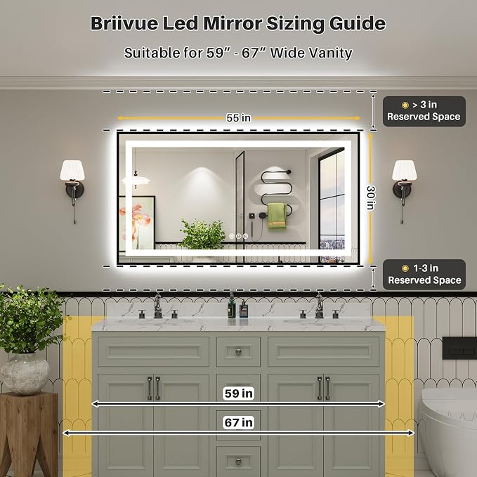 55x30 Inch LED Bathroom Mirror with Black Frame, Backlit & Front Lit | Anti-fog, 3 Color Dimmable, Memory Function, HD Reflection Tempered Glass, ETL Listed, IP54 Waterproof