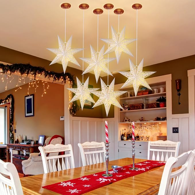 12 Pcs 14in Paper Star Lantern with 7 Pointed LED Lights for Xmas, Wedding, Holiday, Birthday Party Celebration(White)