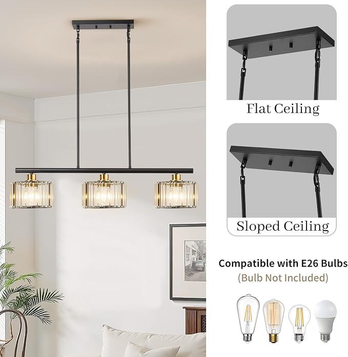 TALOYA Pendant Lights Kitchen Island Black and Gold, 3-Light Crystal Pendant Light Modern, Height Adjustable Chandelier Hanging Island Light Fixtures for Kitchen Dinning Room(Bulb Not Included)