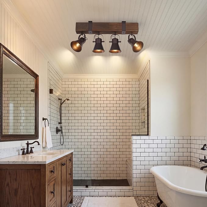 4 Light Semi Flush Mount Ceiling Light, Farmhouse Wooden Track Lighting Fixtures Ceiling, Rustic Kitchen Lights Ceiling for Island Dining Room Living Room.