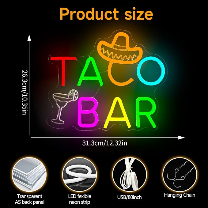 Taco Bar Neon Sign for Wall Decor Taco Party Decorations Tacos Led Sign Dimmable Fiesta Party Neon Light Mexico Light Up Signs for Restaurant Room Shop Brunch Bar Wall Art Margarita Theme Birthday