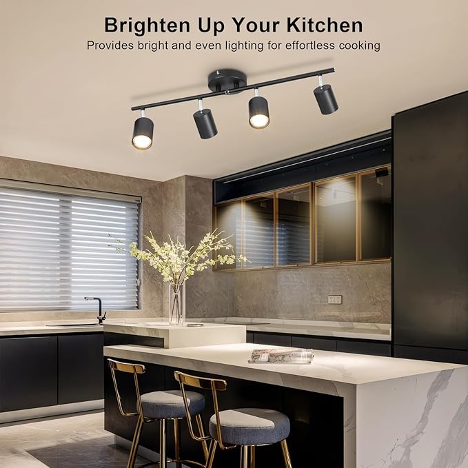 4-Light Track Lighting Fixtures Ceiling, GU10 Black Led Ceiling Spotlight, Modern Track Light Kit for Kitchen Hallway Living Room