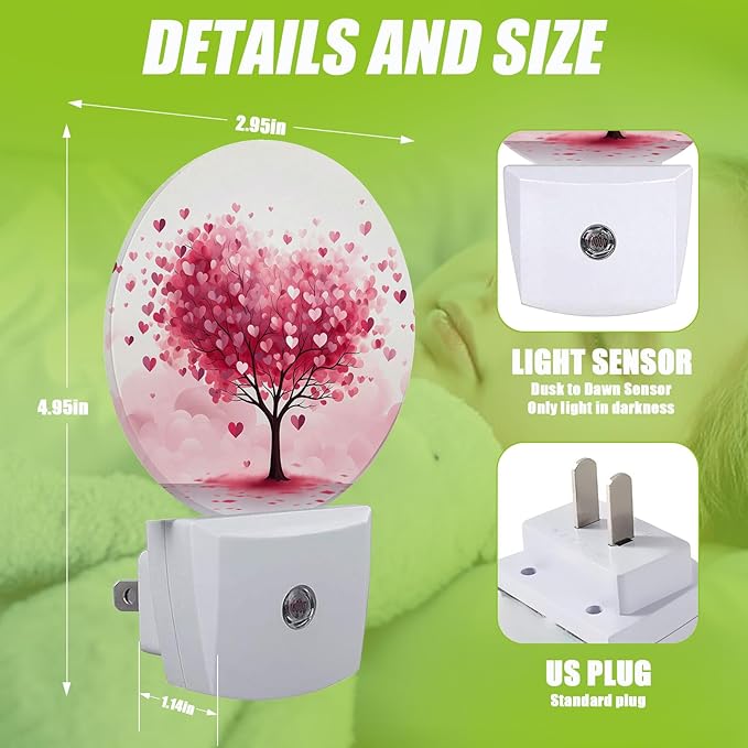 Tree Night Light,Pink Heart Night Lights Plug into Wall for Kitchens Toilets Bedroom Decorative Half Round Nightlight Led Lamp 0.5W Sleep Friendly
