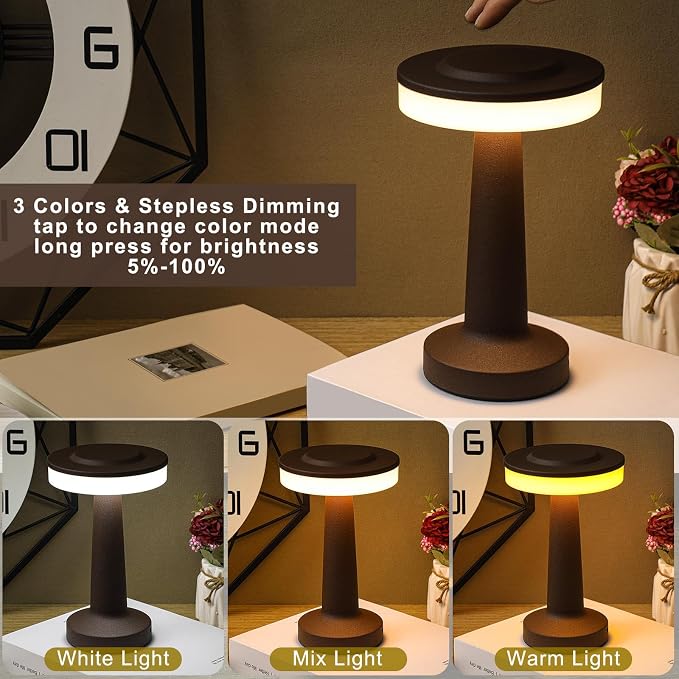 Riakrum 1 Pcs Brown LED Portable Cordless Table Lamp Bulk with Touch Sensor 3 Color Stepless Dimming Rechargeable Battery up to 15 Hours Cordless Table Light Wireless Lamp Wedding Home