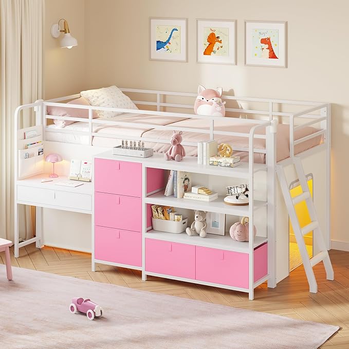 Low Loft Bed Twin Size with Desk, 6 Storage Drawers & Bookshelf, Kids Loft Bed with LED Lights & Under-Bed Play Space, Heavy Duty Metal Bed Frame with 13.8"H Safety Guardrail & Ladder, White and Pink