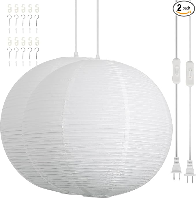 23.6in Paper Lanterns Plug in Hanging Lamp White, 19.7FT Cord | Rice Paper Lamp Lantern Pendant Light Large Globe Japanese Japandi Wabi Sabi Chandelier for Dining Living Room Bedroom 2 Pack