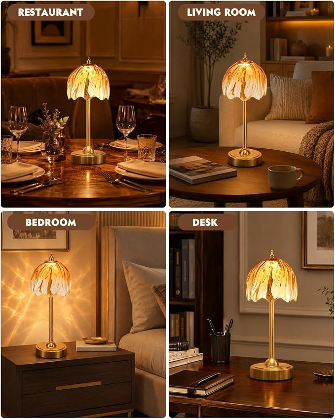 Nusogon Cordless Flower Table Lamp, 5200mAh Small Rechargeable Touch Lamp | 3 Color & Stepless Dimming, Amber Gradient Glass Desk Lamp for Bedroom, Office, Kitchen, Nightstand, Room Decor
