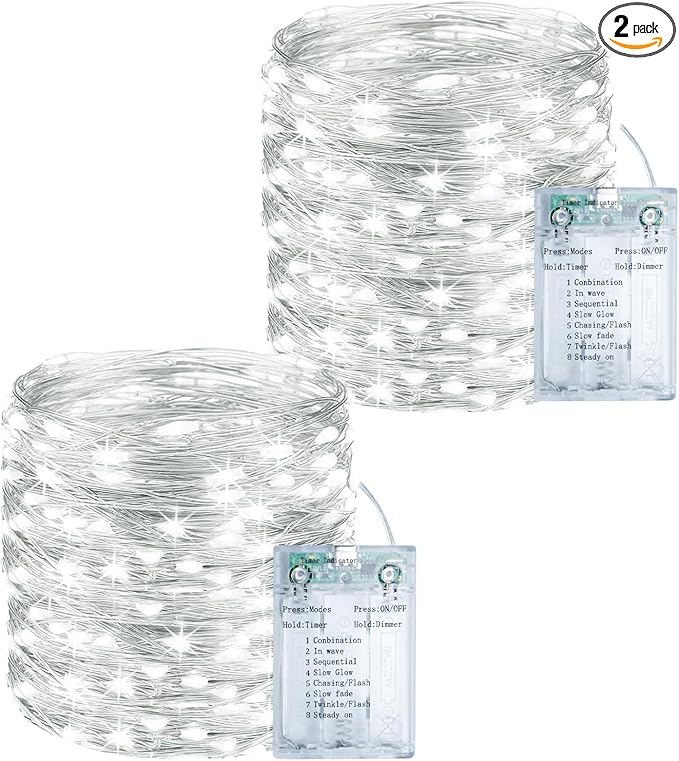 litogo 2 Pack Fairy Lights Battery Operated with Timer, 33FT 100LED Twinkle String Lights USB-C Powered 8 Modes Dimmable for Indoor Bedroom Centerpiece Wedding Classroom Dorm Christmas Decorations