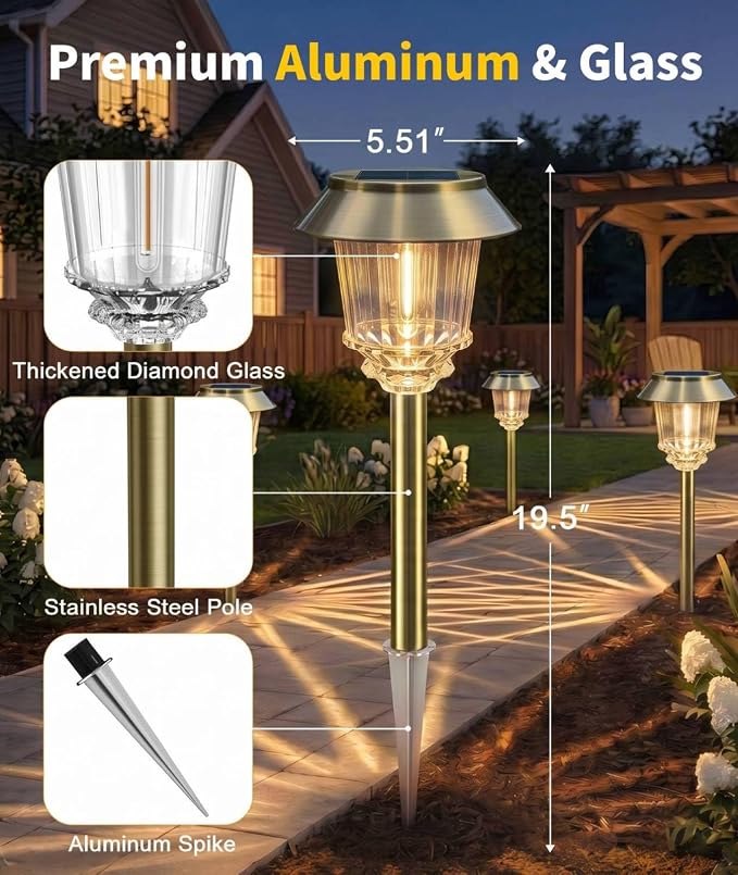 XMCOSY+ Solar Pathway Lights Outdoor, 4 Pack Solar Garden Landscape Lights | Bright 40 LM Adjustable Brightness for 8-12H, Aluminum & Glass Solar Powered, IP65 Metal Outdoor Solar Lighting Walkway Lawn