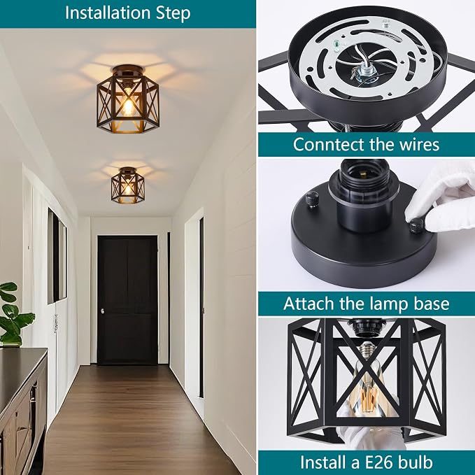 XSDeTu 2 Pack Farmhouse Semi Flush Mount Ceiling Light, Industrial Black Hallway Light Fixture, Small Metal Cage Close to Ceiling Lights for Kitchen Sink Porch Bedroom