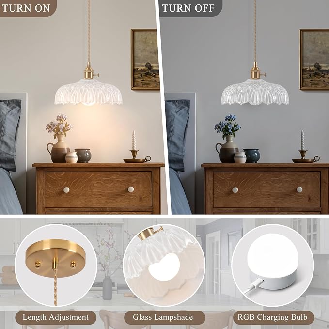 Battery Operated Pendant Light,Vintage Light Fixtures RGB Light Bulb 2500mAh 9.4in White Modern Chandelier with Remote Control Wireless Adjustable Rechargeable Chandelier for Kitchen Island 1Light