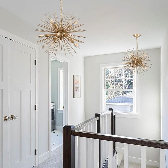 Modern 20in Gold Sputnik Chandelier 9-Lights Mid-Century Starburst Chandelier Solid Metal Firework Satellite Urchin Light Fixture Over Table for Foyer Dining Room Kitchen Bedroom Living Room