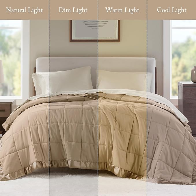 Madison Park Windom Down Alternative Blanket, Premium 3M Scotchgard Moisture Wicking Treatment, Lightweight and Soft Bed Cover For All Season, Satin Trim, Brown Full/Queen