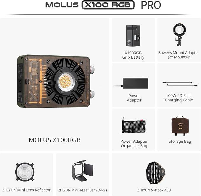ZHIYUN MOLUS X100 RGB PRO 100W Video Light [Official] V2 Upgraded Version Professional Photography Lighting Portable Continuous Output Lighting 2500K~10000K CRI≥95 TLCI≥97 Only 384g (Green Collab)