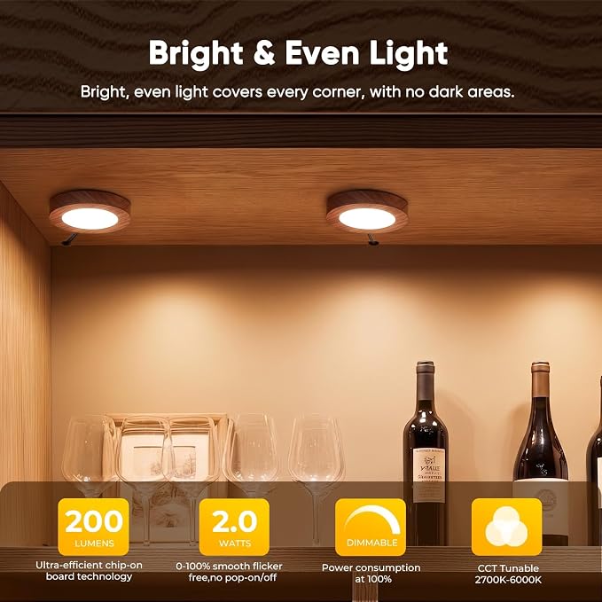 VST 6 Pack Plug-in LED Under Cabinet Puck Lights, Wired Touch Dimmer Switch & RF Remote,CCT 2700K-6000K Adjustable ，Recessed & Surface Mount, 12V/2W UL Listed for Wardrobe Display(Wood, 6 Pack)