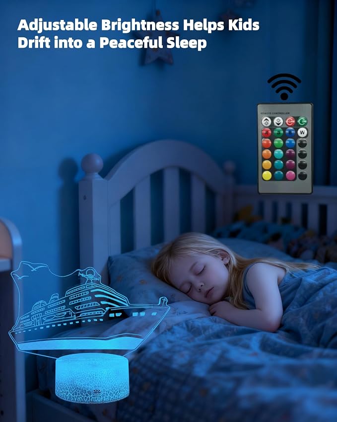 Cruise Ship 3D Illusion Night Light, 16 Colors Changing, Toy Lamp | Dimmable, Touch & Remote Control, Boys Girls Bedroom Room Decor, Birthday Christmas Gift Souvenirs for Toddler Kid Teen