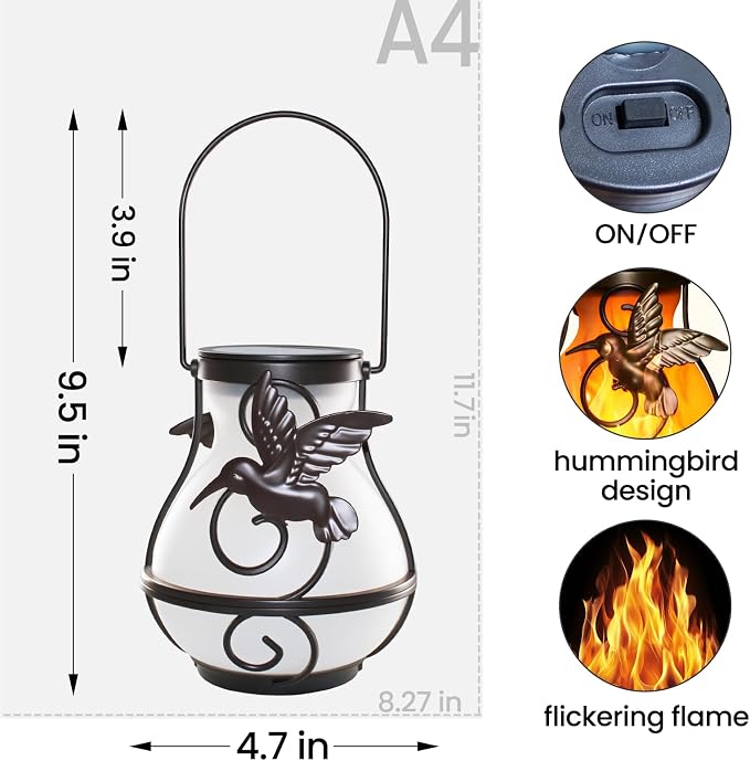 2 Pack Solar Lanterns Outdoor Waterproof, Plastic Flickering Flame Lights with Hummingbird Design, Hanging Solar Lantern for Patio, Porch & Garden Decoration, Gifts for Women, Mom