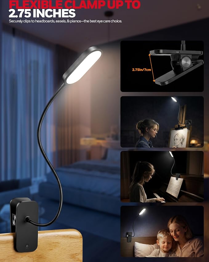 Honeywell Clip On Reading Light, Rechargeable Gooseneck CRI95 4000K Dimming | 2000mAh Battery,Touch Desk Lamp White Light Mode,Eye-Caring Study Lamp With Clamp for Bed/Headboard/Table/Dorm/Home Office