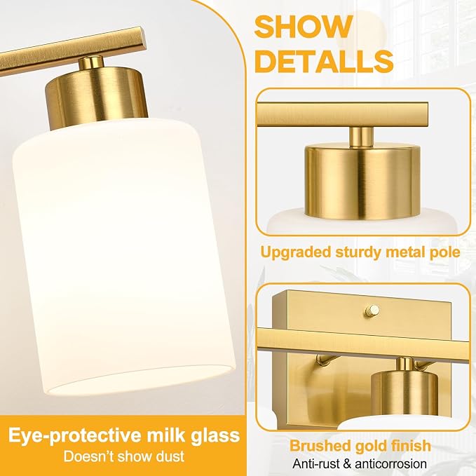 3-Light Bathroom Light Fixtures, Brushed Gold Vanity Light, Bathroom Vanity Light with Milky White Frosted Glass Shades, Bathroom Light for Mirror, Bedroom, Hallway, or Living Room