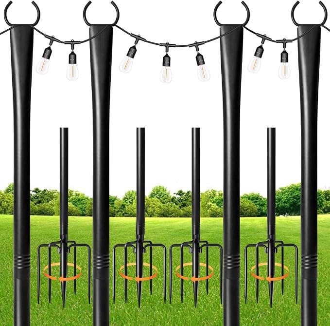 4 Pack String Light Poles for Outdoor,Metal Light Hanging Pole Outside with Fork,Light Stand for Patio, Pergola, Garden, Backyard, Yard, Camping Party (4 Pack)