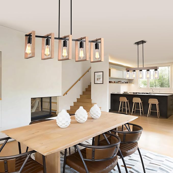 Kitchen Island Lighting Hanging for Farmhouse Linear Chandeliers,Modern Chandelier Over Table, Matte Black Rustic Wood Ceiling Pendant Light,Dining Room Hanging Light Rustic Wood