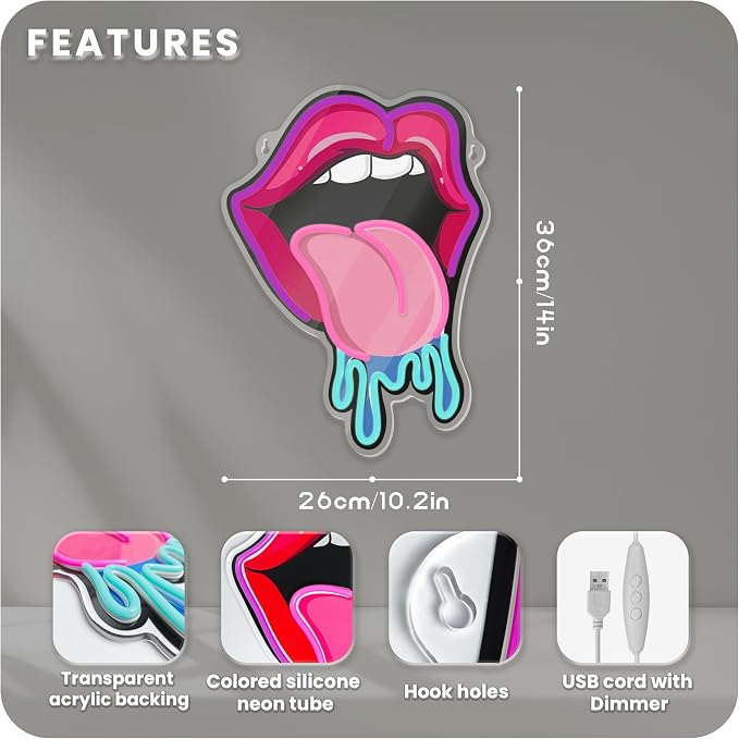 Lips Tongue Neon Sign Tongue LED Neon Light Up Sign for Wall Decor Tongue Drool LED Sign Neon Light for KTV Bar Pub Man Cave Bedroom Party Wedding Decor