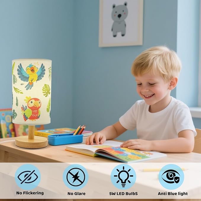 Bird Kids Table Lamp for Bedroom,Kids Bedside Lamps 3 Colors Wooden Base Nightstand Night Light with Cartoon Flaxen Fabric Shade Desk Lamp for Girls Boys Room Nursery Decor,Birds Gifts for Boys Girls