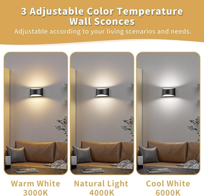 Black Modern LED Wall Sconce, 3 Colors Indoor Wall Lights, 10W Hardwired Up and Down Aluminum Wall Mount Lamp for Bedroom Living Room Hallway Corridor (Black, 6 Pack)