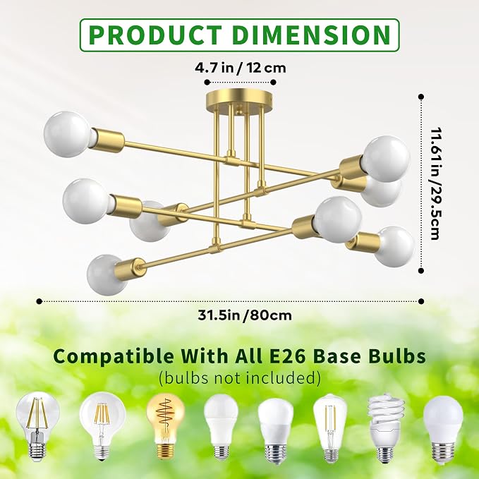 Modern Sputnik Chandelier Ceiling Light Fixtures, 8-Lights Mid Century Industrial Metal Semi Flush Mount for Dining Room, Bedroom, Living Room-Brushed Gold