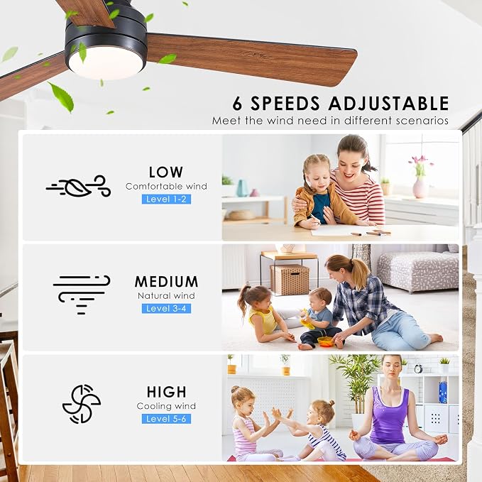 Asyko 46" Brown Modern Low Profile Ceiling Fans with LED Lights and Remote | Flush Mount,Reversible 6 Wind Speeds, Dimmable 3 CCT LED Light, 25W Quiet DC Motor,3 Double-Sided Blades,for Bedroom Kitchen