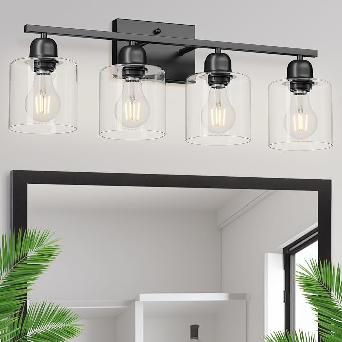 Modern 4 Light Bathroom Light Fixtures, 24 inch Black Vanity Lights for Bathroom with Clear Glass, Bathroom Vanity Light for Mirror Kitchen Living Room Hallway Cabinet Porch
