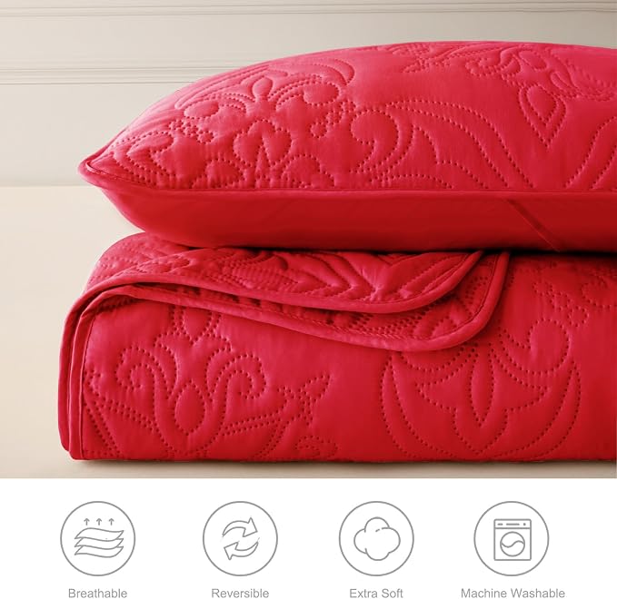 Whale Flotilla Queen Quilt Bedding Set Vintage Damask Reversible Bedspread | Suitable for Bed, 3 Pieces Red Lightweight Breathable Quilts Queen Size, Ultrasonic Coverlet Bed Cover with 2 Pillow Shams
